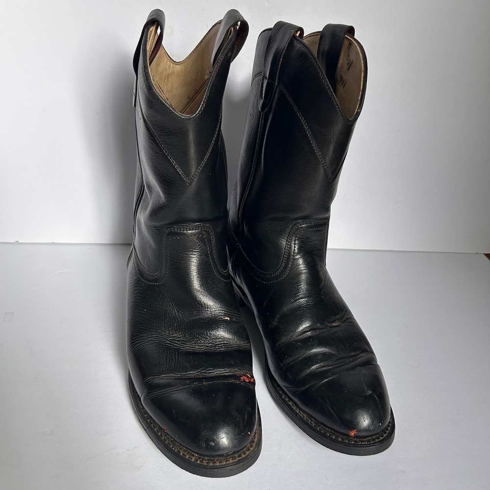 Vintage Black Leather Western Roper Cowboy Boots Mens 8.5 EE Wide Round Toe